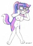 alternate_species anthro breasts casual_nudity collar cutie_mark exposed eyewear female fluffy fluffy_tail fur genitals glasses hair multicolored_hair nerd nipples nude ponytail pussy simple_background smile solo tail silversimba01 friendship_is_magic hasbro my_little_pony twilight_sparkle_(mlp) border_collie canid canine canis collie domestic_dog herding_dog hybrid mammal pastoral_dog sheepdog hi_res traditional_media_(artwork)