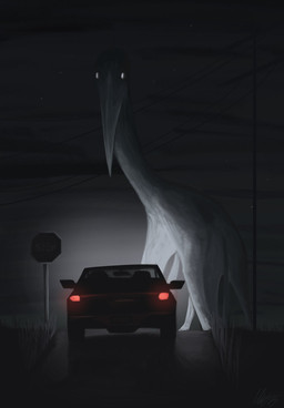 ambiguous_gender beak car darkness detailed_background duo feral glowing glowing_eyes grass inside_vehicle night outside plant power_lines quadruped size_difference solo_focus stop_sign utility_pole vehicle wescillus azhdarchid mammal prehistoric_species pterosaur reptile scalie digital_media_(artwork) digital_painting_(artwork) hi_res painting_(artwork) spot_color
