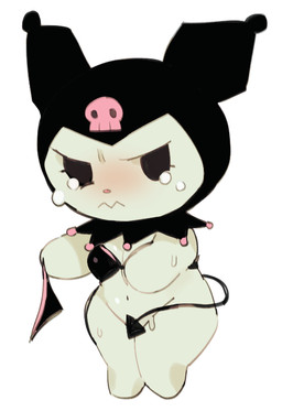 angry black_bra black_clothing black_panties black_underwear blush bodily_fluids bottomless bra chibi clothed clothing colored_edge_bra colored_edge_panties colored_edge_underwear embarrassed female holding_clothing holding_object holding_panties holding_underwear looking_at_viewer panties panties_removed simple_background solo spade_tail tail tears thick_thighs underwear wavy_mouth white_body star-rod onegai_my_melody sanrio kuromi demon lagomorph leporid mammal rabbit