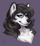 anthro black_hair blue_eyes chest_tuft countershading cute_fangs eyelashes fangs female greying_hair hair looking_at_viewer mature_female narrowed_eyes smile solo teeth tuft acidapluvia caedere kanna_(slither) alaskan_malamute canid canine canis domestic_dog mammal nordic_sled_dog spitz bust_portrait hi_res portrait