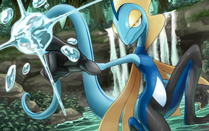 5_fingers ambiguous_gender anthro attack black_markings blue_body blue_markings clothing finger_gun fingers gesture gloves grass hand_gesture handwear markings plant pointing pokemon_move rock sitting smile snipe_shot solo tree water waterfall yellow_eyes hakuginnosora nintendo pokemon generation_8_pokemon inteleon lizard pokemon_(species) reptile scalie 2020