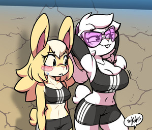 anthro armwear athletic_wear big_breasts blush blush_stickers bodily_fluids bottomwear breast_envy breasts buckteeth clothing duo elbow_gloves exposed_armpit eyewear female frown frowning_at_another glasses gloves gym_bottomwear gym_shorts hands_behind_head handwear looking_at_another navel shorts side_by_side sweat teeth toned_female senorkah sports_bra_difference_meme maryx_(senorkah) roxy_(senorkah) lagomorph leporid mammal rabbit 2023 signature