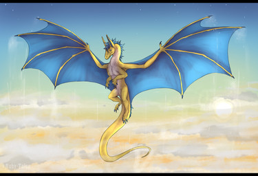 ambiguous_gender blue_body blue_eyes blue_fur blue_hair claws cloud cloudy_sky feral fur hair membrane_(anatomy) membranous_wings sky solo spread_wings sunset wing_claws wings yellow_body ruby_talon european_mythology mythology sayeth_aether dragon mythological_creature mythological_scalie scalie western_dragon full-length_portrait hi_res portrait