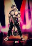 abs anthro biceps bleakcat blue_eyes bottomwear camera clothed clothing digital_media_(artwork) discordnight erection genitals hair hi_res jewelry knot male muscular muscular_anthro muscular_male necklace pants penis sergal solo spiked_penis spikes spikes_(anatomy) standing tail topless triceps