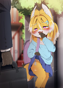 4_fingers accessory anthro backpack bangs bikini biped blush blush_lines blush_stickers bodily_fluids bottomwear briefcase business_suit clothed clothing clothing_lift cute_fangs detailed_background dipstick_ears dipstick_tail duo ear_markings eyebrows fangs female fingers fur gloves_(marking) hair hair_accessory hairclip half-closed_eyes heart_eyes heart_symbol holding_briefcase inner_ear_fluff kemono leg_markings leg_tuft markings motion_lines multicolored_ears multicolored_hair narrowed_eyes open_mouth orange_body orange_fur orange_tail pedophilia_temptation pink_eyes randoseru shaking skirt skirt_lift socks_(marking) standing string_bikini suit sweat sweater swimwear tail tail_markings teasing teeth topwear trembling tuft two-piece_swimsuit white_body white_fur white_inner_ear white_inner_ear_fluff young young_anthro young_female dagasi inari-chan_(dagasi) canid canine fox mammal 2026 hi_res