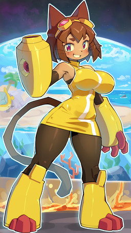 anthro arm_cannon big_breasts blush breasts brown_body brown_hair eyebrows eyelashes eyewear eyewear_on_head female glistening goggles goggles_on_head hair magenta_eyes planet ranged_weapon smile solo weapon weapon_arm whiskers wide_hips yellow_sclera life_is_pi gameoverse glitch_productions kit_bodega domestic_cat felid feline felis mammal 2026 9:16 absurd_res hi_res