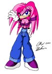 anthro breasts cleavage clothed clothing female footwear purple_clothing purple_footwear purple_shoes shoes simple_background small_waist solo white_background neocabbit sega sonic_the_hedgehog_(series) fan_character venus_the_echidna echidna mammal monotreme 2002 cel_shading dated digital_drawing_(artwork) digital_media_(artwork) pixel_(artwork) shaded signature