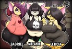 5_fingers alternative_fashion anthro big_breasts black_hair bottomwear breasts canid canine canis chihuahua clothed clothing domestic_dog female fingers gabriel_(thedeathcrow05) goth group hair hi_res lilith_(thedeathcrow05) male mammal melanie_(thedeathcrow05) one_eye_obstructed overalls overweight overweight_anthro overweight_female overweight_male pants purple_hair shirt short_stack skirt smile tail thedeathcrow05 topwear toy_dog trio yoga_pants