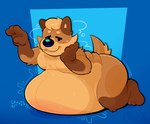 3_toes 4_fingers anthro beady_eyes belly big_belly black_nose blue_background bodily_fluids brown_body brown_fur cheek_tuft chest_tuft countershade_face countershade_fur countershade_torso countershading eyebrows facial_tuft feet fingers fur hair hand_on_cheek huge_belly immobile lying male obese obese_anthro obese_male on_front overweight overweight_anthro overweight_male simple_background snout solo sweat tail tan_body tan_countershading tan_hair text three-quarter_view toes tuft gramgastronomy graham_(gramgastronomy) canid canine mammal artist_name hi_res unavailable_at_source