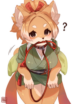 anthro asian_clothing black_eyes blush breasts clothed clothing collar east_asian_clothing female female_anthro fur hair japanese_clothing kemono kimono leaning leaning_forward leash leash_in_mouth leash_in_own_mouth looking_at_viewer mouth_hold multicolored_body multicolored_fur multicolored_hair object_in_mouth question_mark simple_background solo two_tone_body two_tone_fur two_tone_hair white_background kawarage_yatano canid canine canis domestic_dog mammal shiba_inu spitz 2023 absurd_res digital_media_(artwork) hi_res translated_description
