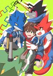anthro black_body black_sclera blue_body brown_hair clothing evolutionary_family feral green_body green_eyes group hair hoodie horn male red_body topwear yellow_eyes zunaha bandai_namco digimon digimon_ghost_game hiro_amanokawa betelgammamon digimon_(species) gulusgammamon human kausgammamon mammal scalie wezengammamon hi_res