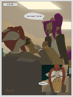 2_panel_comic 4_toes 5_fingers anthro boss clothing comic_panel dialogue dominant dominant_anthro dominant_female duo evening feet female female/female fingers foot_fetish foot_on_face furniture humanoid_feet office on_table pawpads paws plantigrade security soles speech_bubble table text toes foxrept anna_(foxrept) kriss_(foxrept) canid canine hyena mammal 3:4 absurd_res artist_name colored comic digital_drawing_(artwork) digital_media_(artwork) english_text hi_res