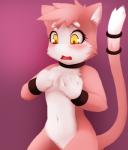 anthro belly blush breasts collar crossgender eyelashes female fondling fur gender_transformation jewelry nude pink_body pink_fur pokemorph pose simple_background solo transformation white_belly white_body white_fur wristband yellow_eyes darkmirage nintendo pokemon quetzalli_(darkmirage) assimilative_feline domestic_cat felid feline felis hybrid mammal 2014 pinup