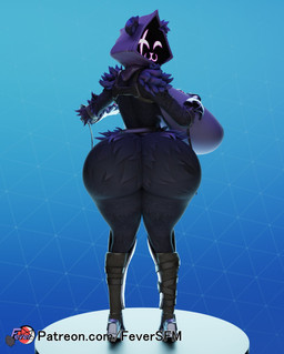 anthro areola big_breasts big_butt breasts butt claws clothing eye_scar facial_scar female female_anthro fingers gloves handwear huge_breasts huge_butt purple_body purple_hood scar solo standing text feversfm epic_games fortnite raven_team_leader bear mammal 2024 3d_(artwork) digital_media_(artwork) hi_res url