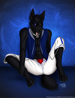 abs anthro biped bondage_pants bottomwear bulge butt clothing collar digitigrade male pants sitting solo studded_collar studs tail tongue white_studded_collar glowingraver nightfang canid canine canis mammal wolf