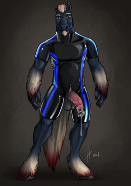 animal_genitalia animal_penis anthro balls black_clothing black_latex blue_latex bodily_fluids clothed clothing cum cum_on_own_penis cum_on_penis cum_on_self equine_genitalia equine_penis front_view fur genital_fluids genitals glistening glistening_eyes grey_balls grey_body grey_fur hair half-erect latex latex_clothing looking_at_viewer male male_anthro mouth_closed multicolored_hair muscular muscular_anthro muscular_male penis red_eyes red_hair red_penis simple_background solo standing torn_ear two_tone_hair white_hair hufnaar draft_horse equid equine horse mammal 2018 dated full-length_portrait hi_res portrait