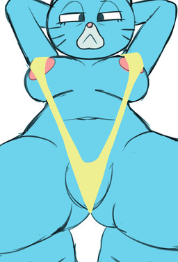 anthro areola areola_slip arms_bent barefoot big_areola big_breasts big_eyes biped black_markings blue_body blue_eyes blue_fur breasts breasts_apart clothed clothed_anthro clothed_female clothing crouching elderly elderly_anthro elderly_female eyelashes facial_markings feet female female_anthro fur genitals half-closed_eyes hands_behind_head head_markings ineffective_clothing iris light_body light_fur long_eyelashes looking_at_viewer looking_down looking_down_at_viewer low-angle_view markings mature_anthro mature_female mouth_closed muzzle_(marking) narrowed_eyes navel no_pupils one-piece_swimsuit pink_areola pink_nose plantigrade plump_labia pose raised_heel resting_bitch_face simple_background sling_bikini snout solo swimwear thick_thighs vulva whisker_markings white_background white_markings yellow_clothing yellow_swimwear foxart950 cartoon_network the_amazing_world_of_gumball mary_senicourt domestic_cat felid feline felis mammal 2025 colored_sketch digital_drawing_(artwork) digital_media_(artwork) hi_res sketch
