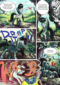 annoyed anthro black_hair blue_hair bow_(feature) bow_tie cutie_mark dialogue eyewear female glasses grass hair horn loose_feather multicolored_hair outside paper path plant purple_eyes quill speaker sunglasses text tree two_tone_hair jowybean friendship_is_magic hasbro my_little_pony mythology octavia_(mlp) vinyl_scratch_(mlp) avian badger bird earth_pony equid equine horse mammal mustelid musteline mythological_creature mythological_equine pony unicorn 2014 absurd_res comic english_text hi_res