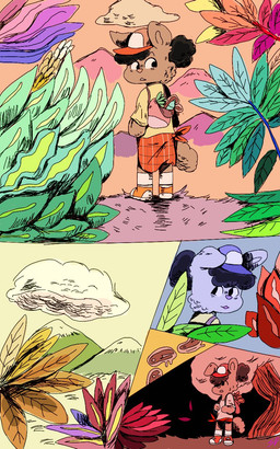 ambiguous_gender anthro backpack biped black_hair brown_body brown_ears brown_fur brown_tail clothing cloud fur grass hair mountain orange_clothing plant red_clothing solo tail white_clothing yellow_clothing puppkittyfan1 marma_(puppkittyfan1) bear mammal 5:8 hi_res