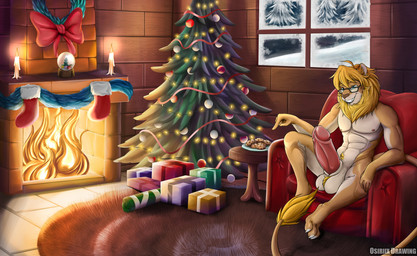 anthro balls big_penis blonde_hair bow_(feature) candle chair christmas_decorations christmas_tree cookie decoration detailed_background eyewear fire fireplace food furniture genitals gesture gift glasses grin hair hand_gesture holidays inside male muscular muscular_male nude penis plant pointing red_chair smile snow snow_globe solo tree window winter osiriix christmas felid lion mammal pantherine absurd_res hi_res