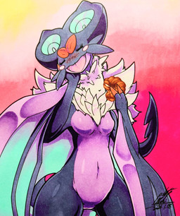 abstract_background anthro black_body blush blush_lines breasts claws eyelashes eyes_closed featureless_breasts featureless_crotch female food fur grey_body grey_fur holding_food holding_object membrane_(anatomy) membranous_wings navel open_mouth solo tail tongue wings 025aki nintendo pokemon generation_6_pokemon noivern pokemon_(species) 2026 absurd_res dated hi_res signature