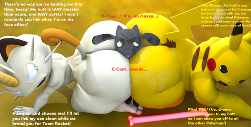 anthro argument between_butts black_body black_fur butt butt_smother claws dialogue fur group male male/male musk smothering trio white_body white_fur yellow_body doommusk nintendo pokemon lire_(doommusk) canid canine felid feline generation_1_pokemon generation_4_pokemon mammal meowth mouse murid murine pikachu pokemon_(species) riolu rodent absurd_res blender_(artwork) digital_media_(artwork) hi_res