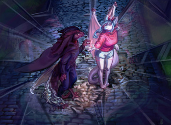 4_toes anthro barefoot biped blue_hair bottomwear breasts brick_road claws clothed clothing digitigrade duo feet female hair high-angle_view horn magic_user membrane_(anatomy) membranous_wings non-mammal_breasts outside pink_eyes red_body red_scales scales shorts spikes spikes_(anatomy) standing tail toe_claws toes topwear white_body white_scales wing_spikes wings nemuchayatputi dungeons_and_dragons hasbro mythology wizards_of_the_coast caitlyn_bellerose delphinium_dacoria dragon dragonborn_(dnd) mythological_creature mythological_scalie scalie digital_media_(artwork) hi_res shaded