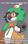 ambiguous_gender anthro beak black_body black_eyes black_feathers brown_body brown_feathers feathers green_body green_feathers gun pointing_gun pointing_gun_at_viewer ranged_weapon simple_background solo text threatening_with_weapon weapon white_body white_feathers boke_(artist) cult_of_the_lamb massive_monster_(studio) nintendo pokemon decidueye generation_7_pokemon pokemon_(species) 2022 digital_drawing_(artwork) digital_media_(artwork) english_text meme signature