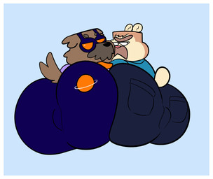 anthro big_butt biped black_nose border bottomwear butt clothing duo eyewear facial_hair goggles male mature_male mustache pants pink_nose shirt simple_background topwear white_border grolarbearsins coach_richard_(anukkyt) canid canine canis domestic_dog mammal 2025 hi_res