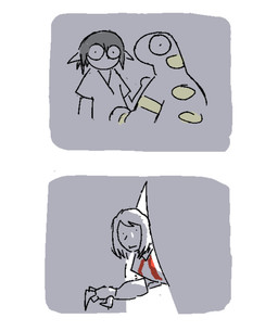 2_panel_comic anthro armor caught_in_the_act clothed clothing dot_eyes female grey_hair group hair humanoid_pointy_ears machine male male/female pointy_ears power_armor simple_background simple_eyes stripes surprised topless topless_female trio white_background wide_eyed yellow_stripes cumsel foreach jiro_(foreach) nao_mercy sunny_(foreach) elf human humanoid lizard mammal monitor_lizard reptile scalie 2025 hi_res spot_color