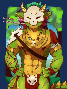 abdominal_scar abs accessory anthro arm_accessory arm_scar armband bandage bandaged_arm barazoku bone bone_mask bottomwear bracelet brown_nipples chest_scar clothed clothing dialogue feathers furgonomics gold_(metal) gold_armband gold_jewelry gold_necklace gold_ring green_body green_ears green_scales green_tail hands_on_hips horn jewelry leg_scar loincloth looking_at_viewer male mask multicolored_body multicolored_feathers muscular muscular_anthro muscular_male nature nature_background necklace nipples outside partially_clothed pecs plant red_bottomwear red_clothing red_loincloth ring scales scar shoulder_strap skull skull_accessory skull_mask skull_necklace sky solo spiked_tail spikes spikes_(anatomy) standing tail tail_accessory talking_to_viewer text tree tribal tribal_clothing waistband yellow_body yellow_eyes yellow_horn yellow_scales yellow_tail arvo_(artist) terraria witch_doctor_(terraria) lihzahrd lizard reptile scalie 2026 3:4 alpha_channel half-length_portrait hi_res portrait