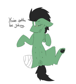 1_eye 3_legs after_transformation alternate_species amputee animal_genitalia animal_vulva anus bandage black_hair black_pawpads black_tail blush canine_genitalia canine_vulva crossgender dialogue digitigrade disability ears_down eye_scar facial_scar female feral genitals hair incredulous looking_down lying mane mane_hair on_back pawpads pivoted_ears scar simple_background solo spread_legs spreading surprised tail teats text vulva white_background aquest hasbro my_little_pony even_grade_(aqpb) fan_character canid canine canis domestic_dog equid equine horse hybrid mammal pony 2016 english_text