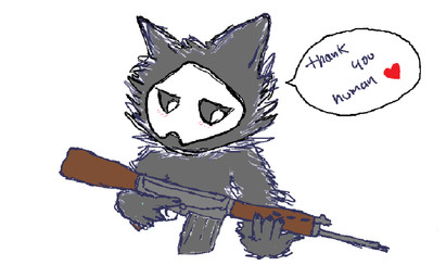 anthro blush claws fn_fal gun heart_symbol holding_gun holding_object holding_ranged_weapon holding_weapon male ranged_weapon rifle simple_background solo text trigger_discipline weapon white_background unknown_artist changed_(video_game) fabrique_nationale_herstal puro_(changed) canid mammal english_text
