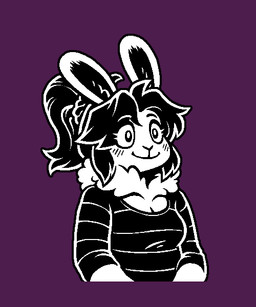 anthro black_hair blush breasts clothing female hair pattern_clothing pattern_shirt pattern_topwear ponytail purple_background shirt simple_background smile solo striped_clothing striped_shirt striped_topwear stripes topwear taffywabbit soleil_(keffotin) lagomorph leporid mammal rabbit 2025 5:6 digital_media_(artwork) half-length_portrait portrait trans_(lore) trans_woman_(lore)