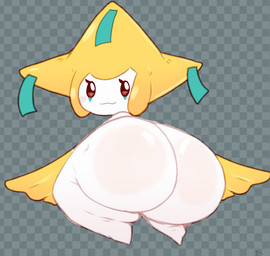 ambiguous_gender big_butt butt checkered checkered_background huge_butt huge_hips huge_thighs looking_at_viewer looking_back nude pattern_background shortstack simple_background smile solo thick_thighs white_body wide_hips moonraige nintendo pokemon generation_3_pokemon humanoid jirachi legendary_pokemon pokemon_(species) 2022 digital_media_(artwork)
