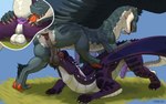 anal anus backsack ball_tuft balls bodily_fluids butt claws duo feathered_wings feathers fellatio feral feral_on_feral feral_penetrated feral_penetrating feral_penetrating_feral forked_tongue genital_fluids genitals grey_body grey_scales long_neck male male/male male_penetrated male_penetrating male_penetrating_male membrane_(anatomy) membranous_wings neck_bulge oral penetration penile penis precum purple_anus purple_body purple_penis purple_scales rimming saggy_balls scales sex tail_anus tongue tuft wings yonivi mythology equinox_(equinoxie) dragon mythological_creature mythological_scalie scalie hi_res