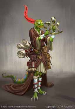 anthro book claws clothing eyewear goggles green_body green_scales grey_background holding_object loose_feather male pouch_(clothing) robe scales scroll simple_background smile solo standing text leonardo_santanna paizo pathfinder reptile scalie 2019 digital_media_(artwork) official_art url