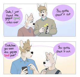 anthro backpack clothed clothing dialogue duo electronics male male/male phone pointing_at_phone popped_collar speech_bubble text texting young p_rindustries dexter_(p_rindustries) kevin_(p_rindustries) canid canine canis domestic_dog mammal comic english_text hi_res multiple_scenes
