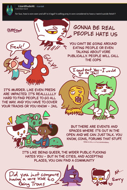 ambiguous_gender anthro clothing convention dialogue embarrassed female group hoodie lore oral_vore permanent question speech_bubble text topwear vore willing_prey globaldonut34 mythology vore_con gd_(globaldonut34) sue_(globaldonut34) canid canine canis dragon felid feline human lion mammal mythological_creature mythological_scalie pantherine scalie wolf absurd_res colored hi_res sequence trans_(lore) trans_woman_(lore)
