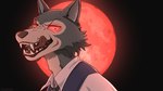 16:9 2022 adolescent anthro beastars blood blood_moon bodily_fluids canid canine canis clothing fur glowing glowing_eyes hi_res instinct_legoshi_(beastars) legoshi_(beastars) licking licking_lips looking_at_viewer male mammal netflix red_eyes sharp_teeth solo teeth tongue tongue_out topwear twistedhound widescreen wolf young