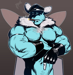 anthro armband barazoku big_muscles cigar clothing fingerless_gloves gesture gloves grey_background hand_gesture handwear hat headgear headwear huge_muscles leather leather_daddy looking_at_viewer male muscular muscular_anthro muscular_male navel nipples nude one_eye_closed pecs pointing simple_background smoke smoking solo teeth tuft vein wings purplebirdman lionel_(fluffedwings) arthropod insect lepidopteran moth 2022 half-length_portrait hi_res portrait