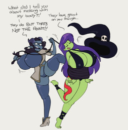 areola big_breasts biped breasts camel_toe clothed clothing dialogue duo female female/female footwear green_body green_skin grey_background hair hat headgear headwear heterochromia high_heels horn huge_breasts legwear long_hair magic_user nipples not_furry purple_hair shoes simple_background text whip witch angstrom blizzard_entertainment warcraft draenei humanoid 2019 character_request digital_media_(artwork) english_text hi_res
