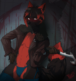 anthro axe bulge clothing femboy fur gloves handwear jacket male multicolored_body multicolored_fur solo thick_thighs thong topwear underwear pechensen capcom resident_evil leon_kennedy tobi-kun canid canine fennec_fox fox mammal true_fox absurd_res hi_res
