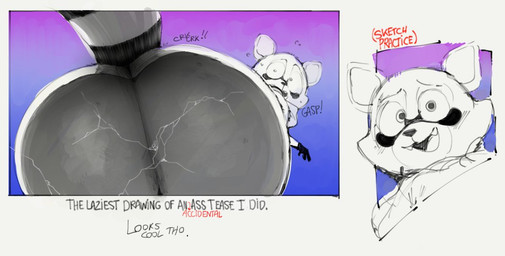 against_surface anthro ass_on_glass big_butt broken_glass butt cracked_glass gasp glass looking_at_viewer looking_back male on_glass smile smiling_at_viewer solo surprised text thick_thighs wide_hips neato5 indigo_park rambley_raccoon mammal procyonid raccoon english_text sketch