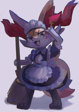3_fingers :3 ambiguous_anthro ambiguous_gender anthro apron big_tail biped black_body black_clothing black_dress black_fur blush blush_lines broom cheek_tuft chest_tuft cleaning_tool clothed clothed_ambiguous clothed_anthro clothing digitigrade dipstick_tail dress emoji_description facial_tuft fingers flat_chested flesh_fang frilly frilly_apron frilly_clothing frilly_dress front_view fully_clothed fully_clothed_ambiguous fully_clothed_anthro fur furgonomic_topwear furgonomics gesture hand_gesture hip_tuft holding_object inner_ear_fluff looking_up maid_headdress maid_uniform markings multicolored_body multicolored_fur object_in_tail open_:3 open_mouth open_smile pointy_ears prick_ears red_body red_eyes red_fur red_inner_ear_fluff red_nose red_tail_tip simple_background smile snout solo sparkles standing stick stick_in_tail tail tail_markings tongue tuft two_tone_tail uniform white_apron white_body white_clothing white_fur yellow_body yellow_fur yellow_tail ikei nintendo pokemon braixen canid generation_6_pokemon mammal pokemon_(species) 2021 chromatic_aberration digital_media_(artwork) digital_painting_(artwork) full-length_portrait hi_res painting_(artwork) portrait shaded signature