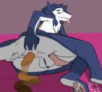 anthro balls blue_body blue_fur butt feces fur genitals green_eyes lying male multicolored_body multicolored_fur penis scatplay simple_background solo spread_butt spreading tail tongue tongue_out two_tone_body two_tone_fur white_body white_fur zadirtybish sergal 2018 digital_media_(artwork) signature