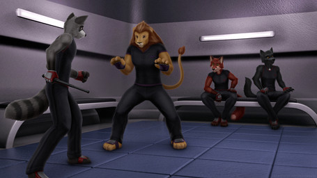 3d_background agent amber_eyes anthro baton black_body black_fur black_nose brown_body brown_fur clothing coach fight fur gloves green_eyes grey_body grey_fur group hair handwear male markings martial_arts muscular orange_body orange_fur red_body red_fur shirt sport sportswear spy striped_markings stripes t-shirt topwear weapon whiskers white_body white_fur la_volpe canid canine canis felid fox lion mammal pantherine procyonid raccoon wolf 16:9 3d_(artwork) digital_media_(artwork) hi_res widescreen