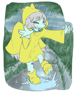 anthro band-aid bandage blue_body blue_scales clothing coat detailed_background eyelashes eyes_closed female fingers grey_hair hair outside playing puddle raincoat raining scales short_hair smile solo topwear wings ather_os cavemanon_studios snoot_game amber_(snoot_game) prehistoric_species pterosaur reptile scalie 2022 digital_drawing_(artwork) digital_media_(artwork) hi_res