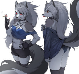5_fingers anthro arm_tuft black_bottomwear black_clothing black_fingerless_gloves black_gloves black_handwear black_panties black_shorts black_underwear blep bottomwear butt cigarette claws clothed clothed_anthro clothed_female clothing collar crop_top ear_piercing eyebrows eyelashes fangs female female_anthro finger_claws fingerless_gloves fingerpads fingers fur gloves grey_body grey_fur grey_hair grey_tail hair hand_on_hip handwear holding_cigarette holding_object inner_ear_fluff long_hair midriff multicolored_body multicolored_fur navel notched_ear occult_symbol panties pawpads pentagram piercing red_sclera shirt shorts shoulder_tuft simple_background solo sweater symbol tail teeth tongue tongue_out topwear tuft two_tone_body two_tone_fur underwear white_background white_body white_eyes white_fur cheshirrr hellaverse helluva_boss mythology loona_(helluva_boss) canid canid_demon canine demon hellhound mammal mythological_canine mythological_creature 2026 hi_res