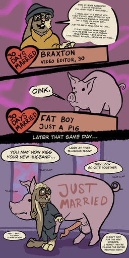anthro balls bestiality blush braxton_(coffee) clothed clothing dialogue digit_ring embarrassed eyewear facial_piercing fat_boy_(coffee) feral freckles front_view game_show game_show_contestant genitals glasses hat headgear headwear hoodie jewelry male male/male nose_piercing penis piercing questionable_consent ring scared_eyes side_view size_difference sound_effects speech_bubble spiral_penis suit talking_to_viewer text topwear wedding wedding_ring coffee_(artist) coffeebynight domestic_pig hare lagomorph leporid mammal rabbit suid suine sus_(pig) absurd_res comic english_text hi_res